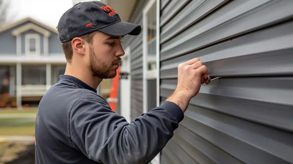 Overhead Garage Door Repairs -Technician using a hand tool to adjust gray vinyl siding on a house exterior.