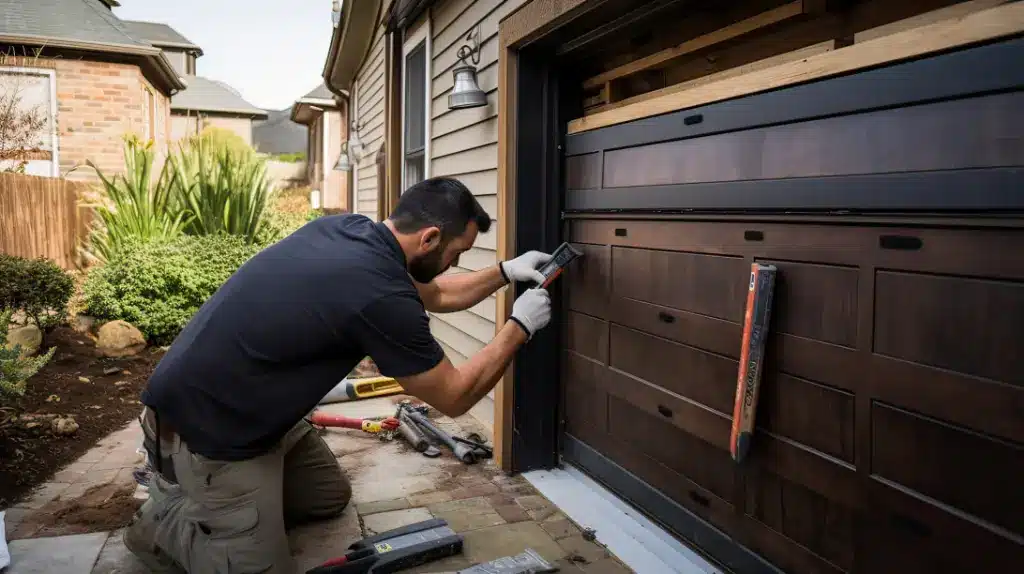 Technician kneeling beside a house while adjusting the wooden garage door panels with hand tools