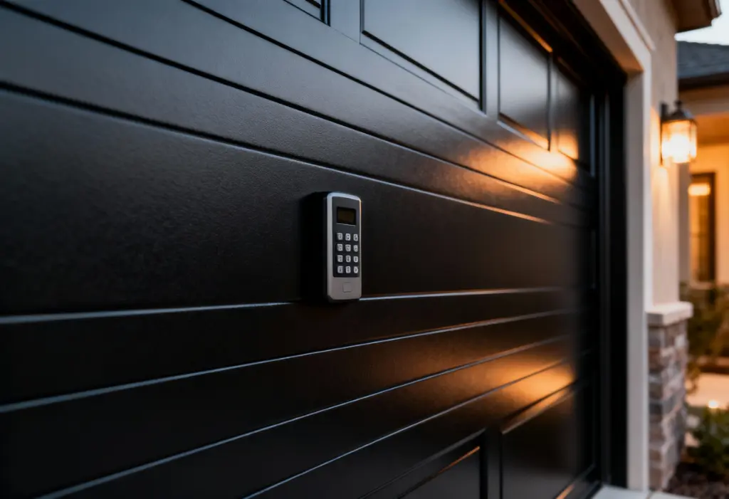 Close-up of a keypad garage door opener mounted on a black modern garage door at dusk