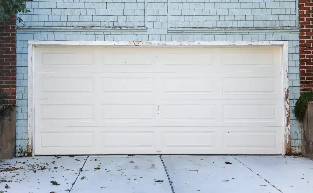 Closed residential double garage door on a driveway with light debris scattered on the ground