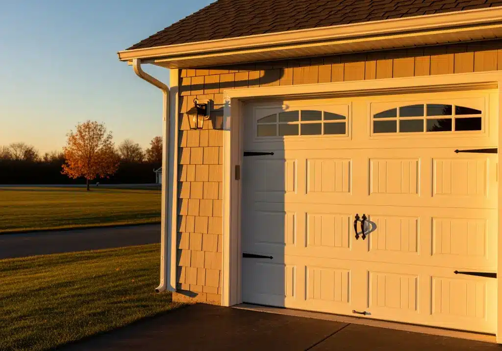 Single-car garage with white carriage-style door, decorative hardware, and shingle siding at sunset