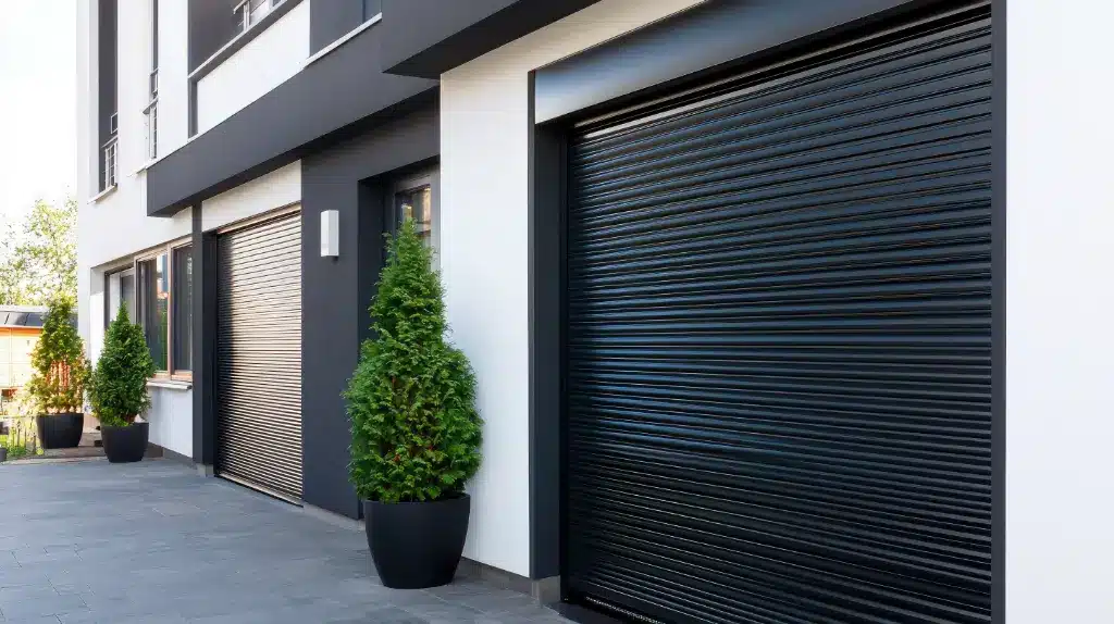 Modern residential exterior with black roller shutters, white walls, and potted evergreen plants by the entrance
