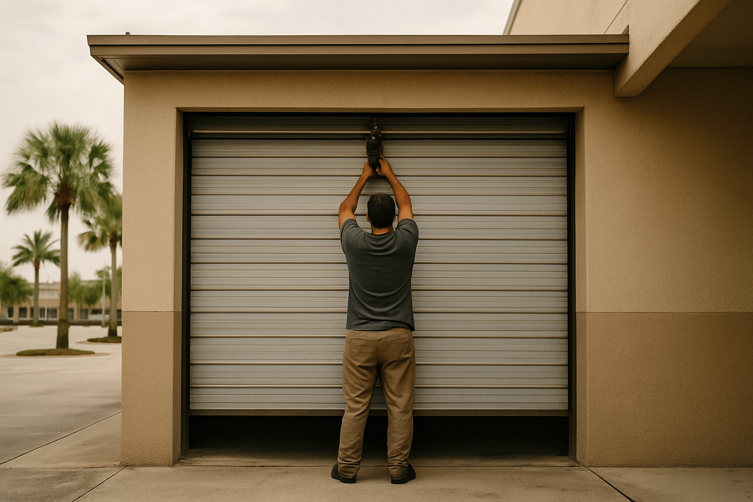 Establishes the commercial garage door repair context in a recognisably Central Florida commercial setting, matching the